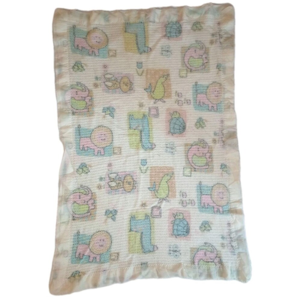 Vintage Handmade Crochet Baby Blanket Zoo Animals w/ Trim (60s?) 33" x 48"